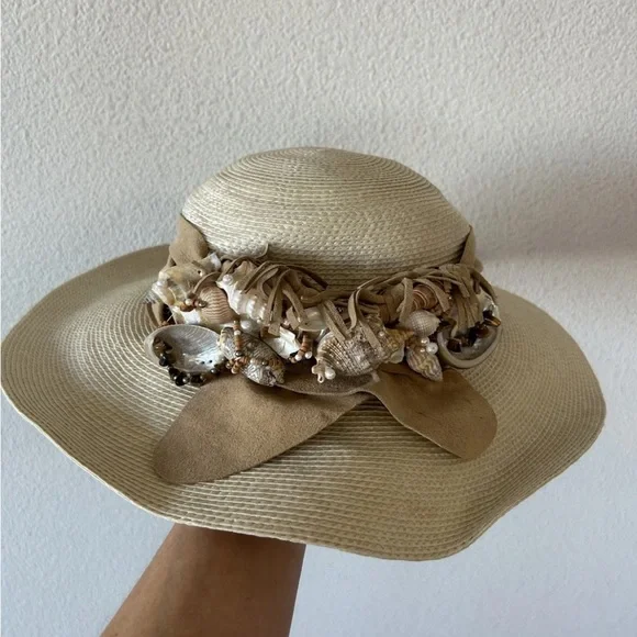 VTG Mermaidcore Straw Beach Sun Hat Shell Trim Boho Coastal Festival S/M - Picture 2 of 16